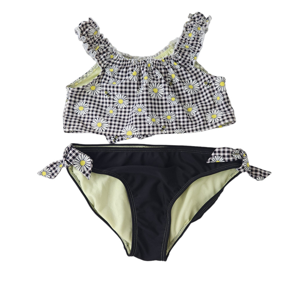 Wonder Nation Girls Two Piece Bathing Suit Size Large 10/12 Black, Daisy, Plaid